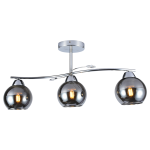Lampa sufitowa Connor z trzema kloszami w kolorze chromu. Klosze mają okrągły kształt i są w ciemnym szkle, zawieszone na cienkim, metalowym ramieniu. Montaż sufitowy, elegancki design, idealna do nowoczesnych wnętrz.
