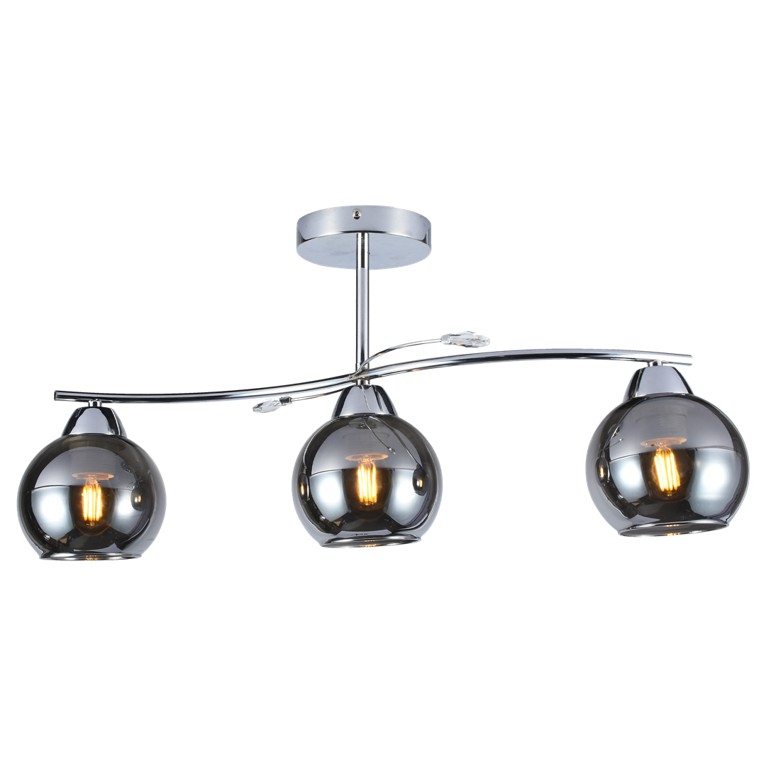 Lampa sufitowa Connor 3xE27 w chromie z trzema szklanymi kloszami w kształcie kul. Klosze w odcieniu ciemnego szkła, zamontowane na giętej chromowanej ramie, wiszące z centralnego mocowania.