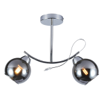 Lampa wisząca Connor z dwoma kloszami w kolorze chromu, zawieszona na metalowym stelażu. Klosze mają okrągły kształt i refleksyjne wykończenie, co podkreśla nowoczesny styl. Widoczny kabel zasilający.