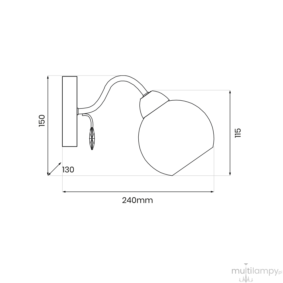 Kinkiet Connor 1xE27 w kolorze chromu, z okrągłą głowicą i elastycznym ramieniem. Wymiary: 240 mm szerokości, 150 mm wysokości, 115 mm głębokości. Montowany na ścianie, idealny do oświetlenia wnętrz.