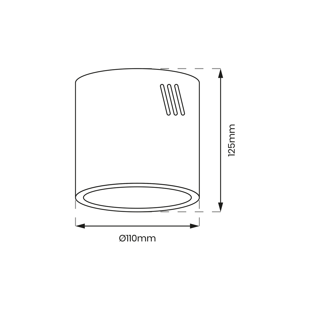 Lampa sufitowa natynkowa George H o wymiarach 125 mm wysokości i 110 mm średnicy, w kolorze czarnym, z miejscem na żarówkę E27. Prosty cylindryczny kształt z otworami wentylacyjnymi po bokach.