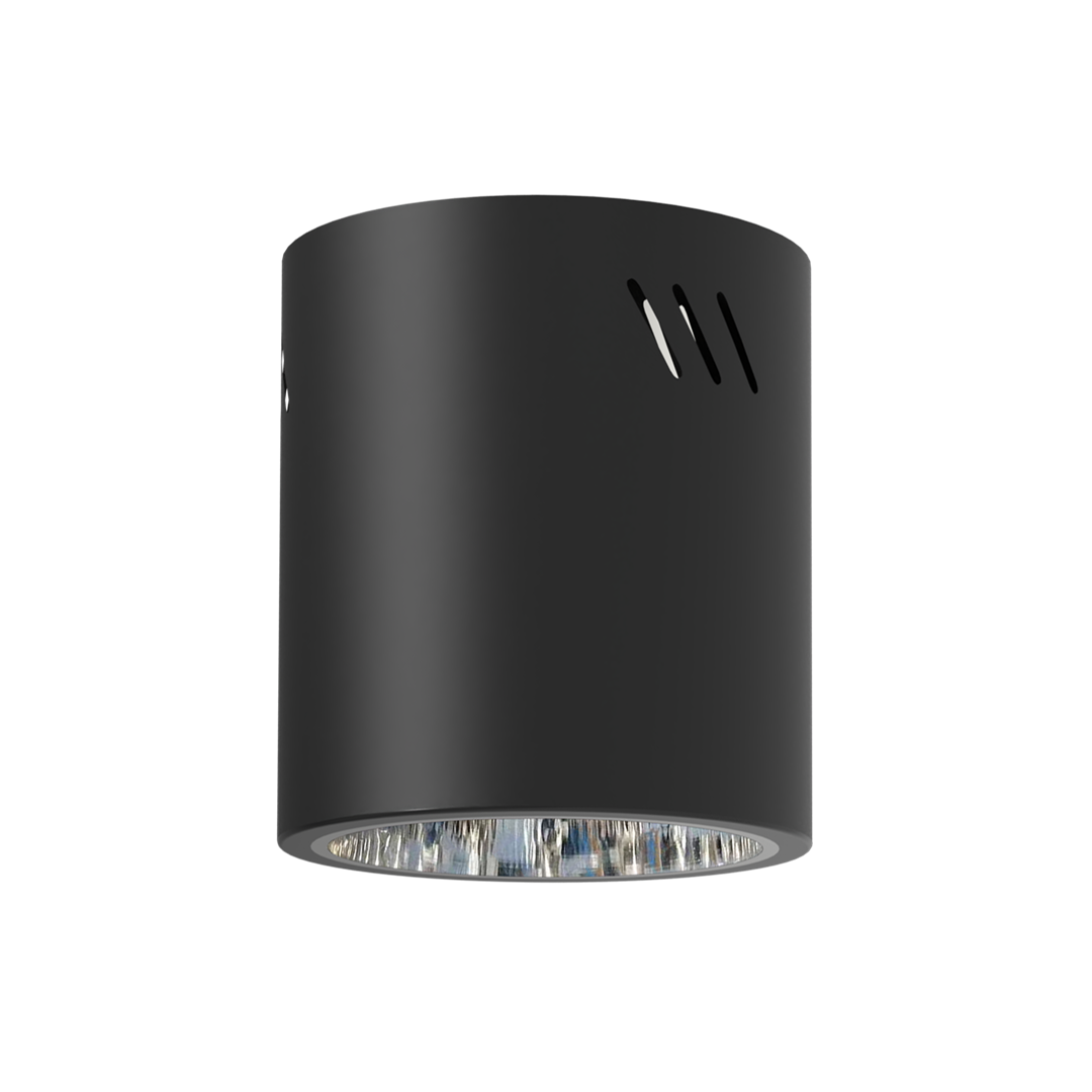 Lampa sufitowa natynkowa George H12,5 w kolorze czarnym, w kształcie tuby, z pojedynczym gniazdem E27. Ujęcie z dołu, podkreślające metaliczną teksturę i otwory wentylacyjne. Idealna do nowoczesnych wnętrz.