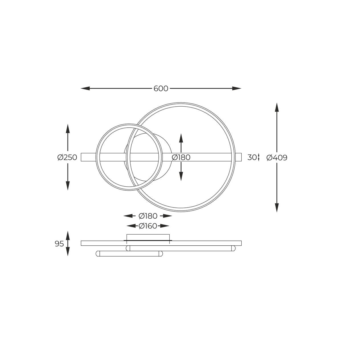 Lampa sufitowa Almeria z dwoma okrągłymi elementami, czarna, z diodami LED o mocy 17W. Wymiary: większy pierścień Ø409 mm, mniejszy Ø250 mm, wysokość 95 mm. Stosunek kształtów i minimalistyczny design idealny do nowoczesnych wnętrz.