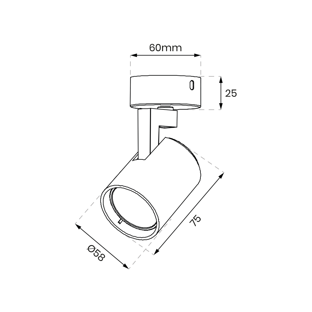 Czarna lampa sufitowa Volf (spot) z oprawą na żarówkę GU10. Cylindryczny kształt z wymiarami: średnica 58 mm, długość 75 mm, wysokość 25 mm. Montaż na suficie, w pozycji pionowej. Prosty, minimalistyczny design, idealny do nowoczesnych wnętrz.