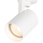 Lampa sufitowa Volf w kolorze białym, z jednym reflektorem GU10, zamontowana w pozycji wiszącej. Cylindryczny kształt z widocznym źródłem światła, idealna do oświetlenia wnętrz. Prosty design, matowa powierzchnia bez dodatkowych zdobień.