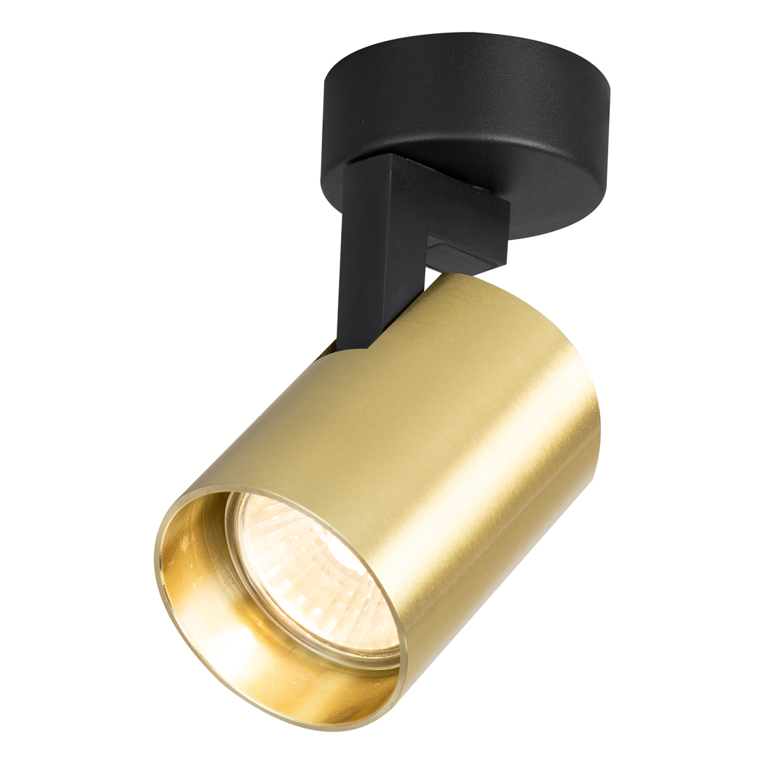 Lampa sufitowa Volf w kolorze czarnym i złotym, z regulowanym kloszem na pojedynczą żarówkę GU10. Ujęcie z boku, ukazujące metaliczny, matowy materiał klosza oraz prostą, nowoczesną konstrukcję montażową.