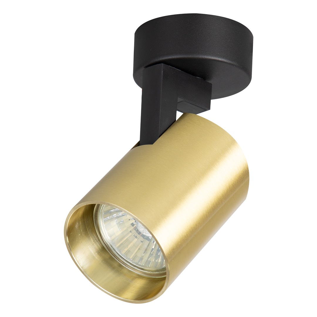 Lampa sufitowa Volf w kolorze czarnym i złotym, montowana na suficie. Posiada cylindryczny klosz w złotym wykończeniu, osadzony na czarnej podstawie. Ujęcie z boku, ukazujące guzik do regulacji kierunku światła.