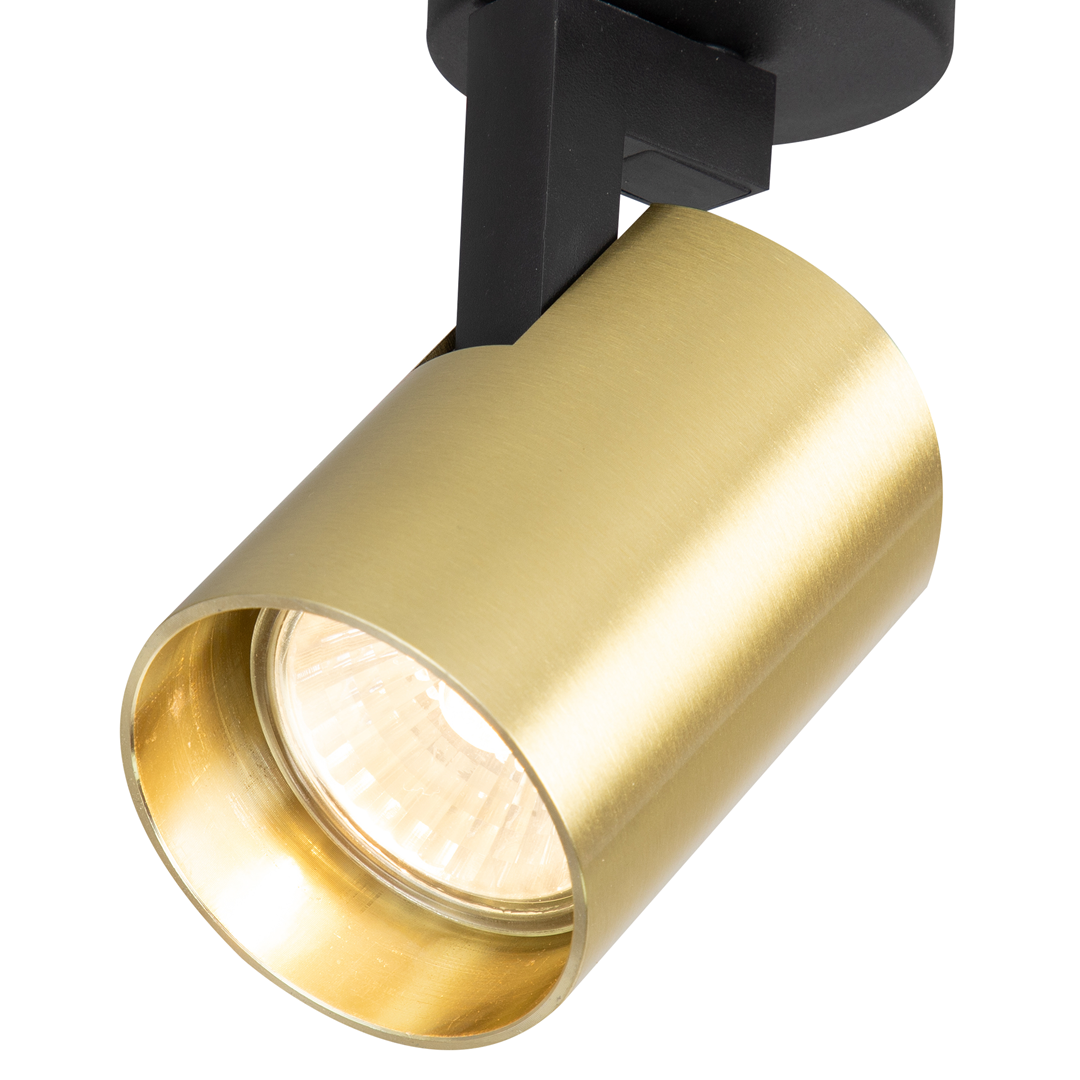 Lampa sufitowa Volf w kolorze czarnym i złotym, z pojedynczym punktem świetlnym GU10. Złota obudowa w formie cylindrycznej, zamontowana na czarnym uchwycie. Widoczny detal reflektora wewnętrznego.