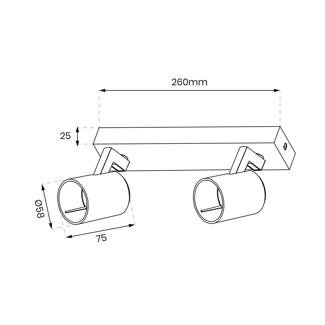 Lampa sufitowa Volf w kolorze czarnym, z dwoma reflektorami GU10. Ujęcie z boku, ukazujące prostokątną podstawę oraz okrągłe, ruchome klosze o średnicy 58 mm. Wymiary: 260 mm długości, 25 mm wysokości.