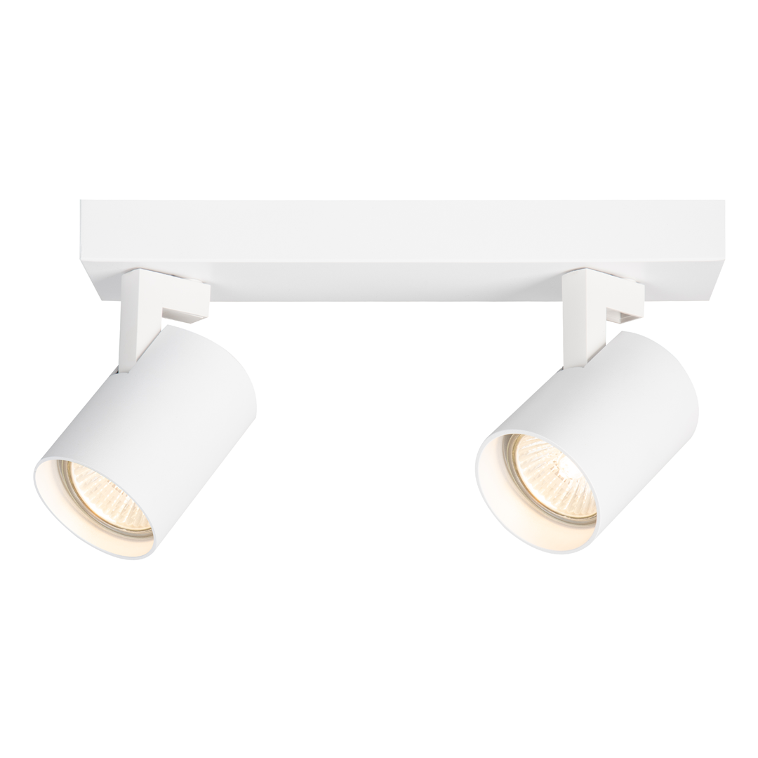 Lampa sufitowa Volf z dwoma reflektorami GU10, biała, zamontowana na prostokątnej podstawie. Reflektory mają cylindryczny kształt i są ustawione pod kątem, co umożliwia skierowanie światła w różnych kierunkach.