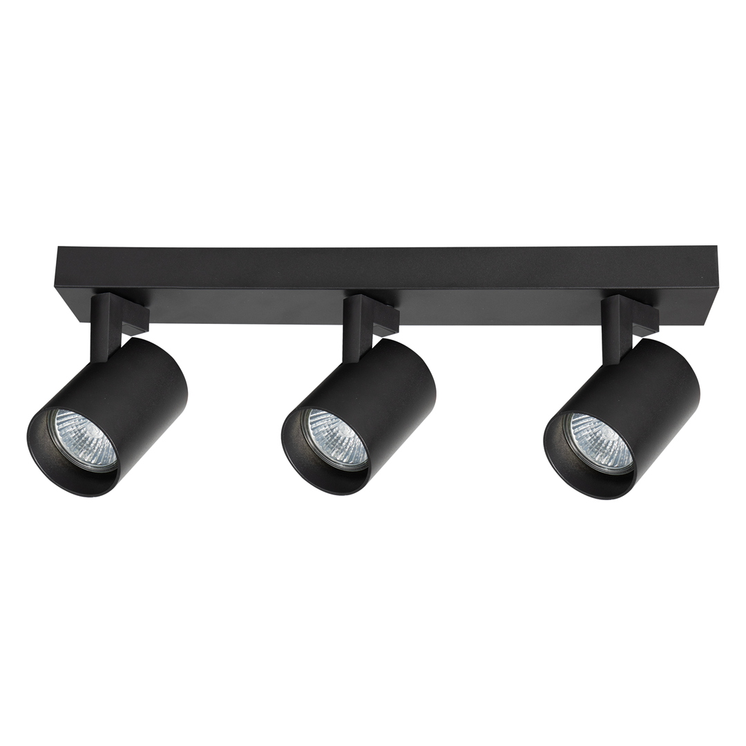 Czarna lampa sufitowa Volf z trzema reflektorami GU10, zamontowana na prostokątnej, metalowej podstawie. Reflektory mają cylindryczny kształt i są skierowane w różne strony, co umożliwia regulację kierunku światła.