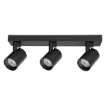 Czarna lampa sufitowa Volf z trzema reflektorami GU10, zamontowana na prostokątnej, metalowej podstawie. Reflektory mają cylindryczny kształt i są skierowane w różne strony, co umożliwia regulację kierunku światła.