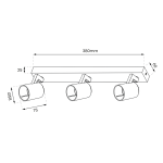 Lampa sufitowa Volf, czarna, z trzema punktami świetlnymi, o długości 380 mm, wysokości 60 mm i szerokości 25 mm. Każdy reflektor ma średnicę 58 mm i jest zamocowany na prostokątnej podstawie.