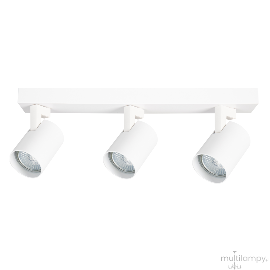 Lampa sufitowa Volf z trzema reflektorami GU10 w białym kolorze. Reflektory mają cylindryczny kształt i są zamontowane na prostokątnej płycie. Produkt prezentowany z przodu, w pozycji wiszącej.