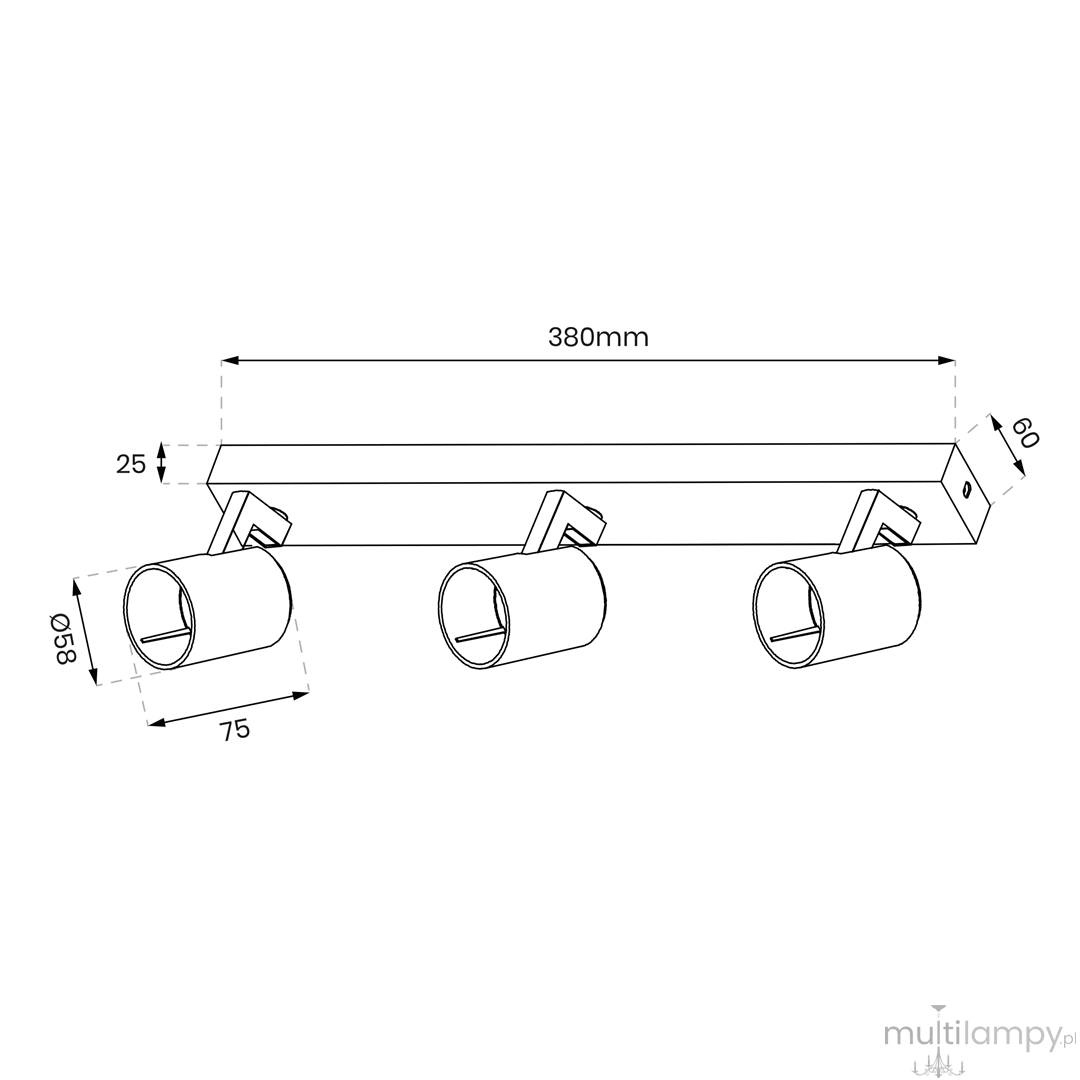 Lampa sufitowa Volf 3xGU10 w kolorze białym, z trzema okrągłymi spotami. Wymiary: długość 380 mm, wysokość 60 mm, głębokość 25 mm. Uchwyty umożliwiają regulację kierunku światła.