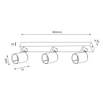 Lampa sufitowa Volf 3xGU10 w kolorze białym, z trzema okrągłymi spotami. Wymiary: długość 380 mm, wysokość 60 mm, głębokość 25 mm. Uchwyty umożliwiają regulację kierunku światła.
