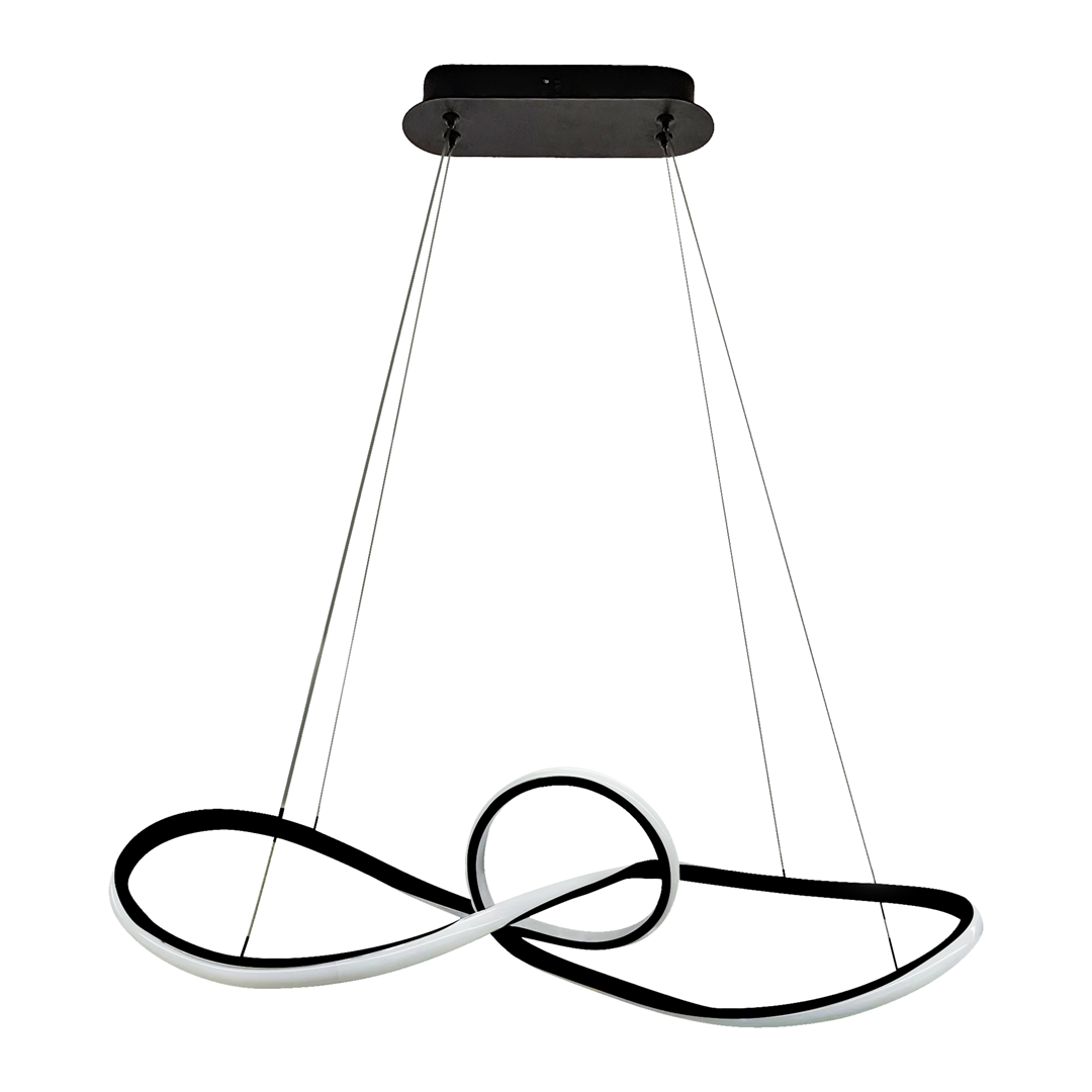 Lampa wisząca Marco z LED o mocy 42W, w kolorze czarnym, z nowoczesnym kształtem w formie pętli. Zawieszona na cienkich linkach, idealna do nowoczesnych wnętrz. Baza montażowa w czarnym kolorze.