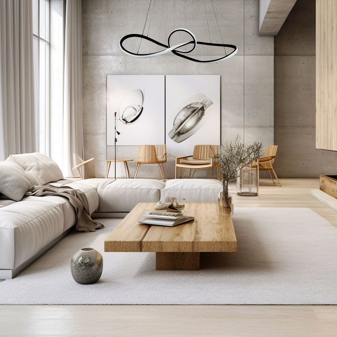Lampa wisząca Marco w kolorze czarnym z jedną diodą LED o mocy 42W. Posiada nowoczesny, minimalistyczny kształt, zawieszona w jasnym wnętrzu z drewnianym stołem i sofy w odcieniach bieli. Tło z gładkimi ścianami i obrazami.