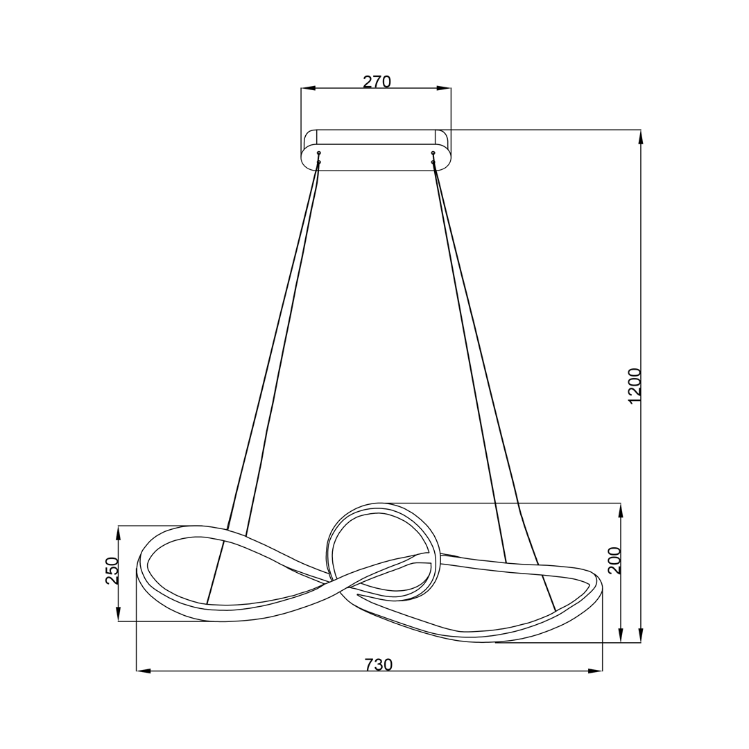 Czarna lampa wisząca Marco z jedną diodą LED o mocy 42W. Kształt w formie nieskończoności, z metalowym stelażem. Wymiary: 730 mm szerokości, 250 mm wysokości, zawieszona na linkach. Prosty design, idealna do nowoczesnych wnętrz.