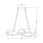 Czarna lampa wisząca Marco z jedną diodą LED o mocy 42W. Kształt w formie nieskończoności, z metalowym stelażem. Wymiary: 730 mm szerokości, 250 mm wysokości, zawieszona na linkach. Prosty design, idealna do nowoczesnych wnętrz.