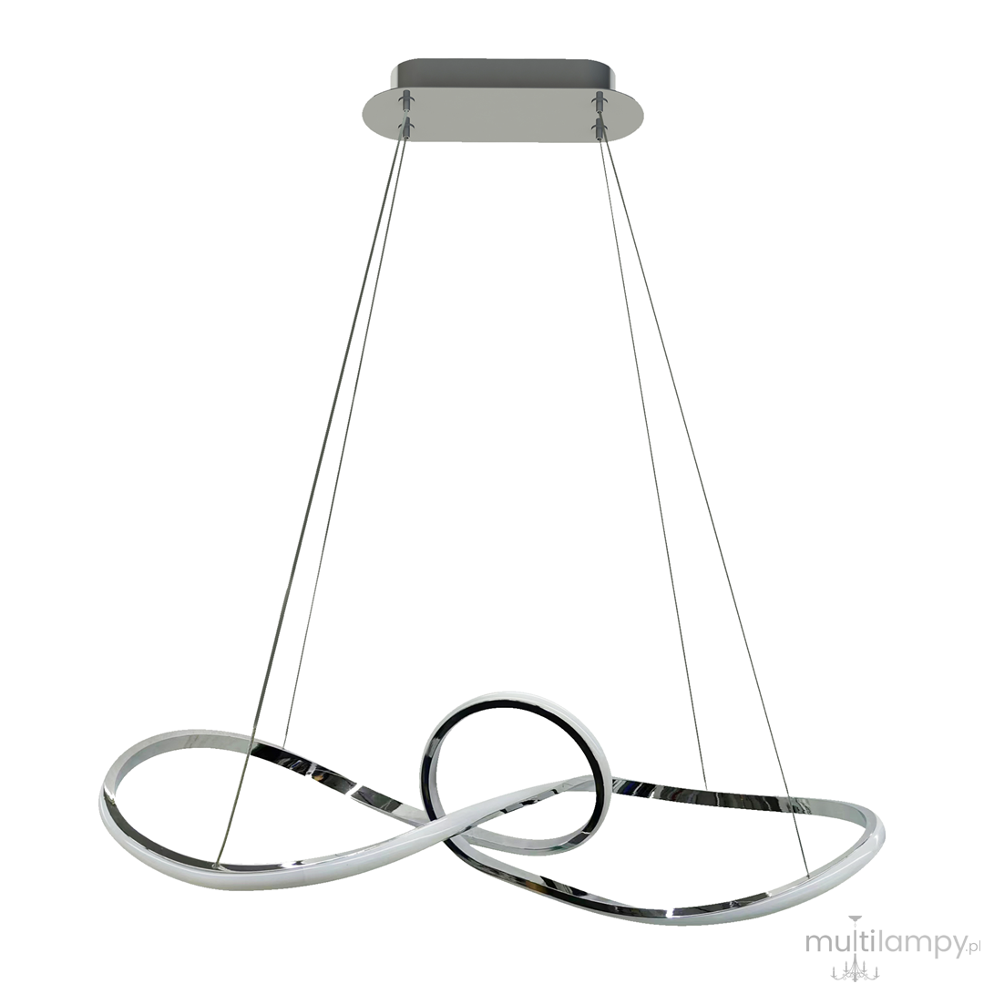 Lampa wisząca Marco w kolorze chromu z jedną żarówką LED 42W. Posiada nowoczesny, organiczny kształt w formie nieskończoności, zawieszona na cienkich linkach. Metalowa podstawa montażowa w prostokątnym kształcie.