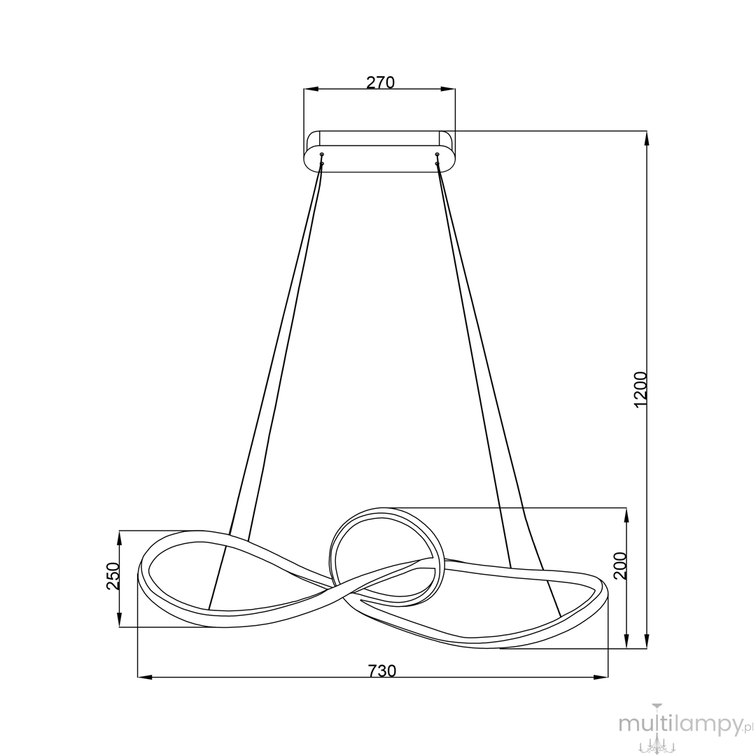 Lampa wisząca Marco w kolorze chromu, z jedną żarówką LED o mocy 42W. Okrągła podsufitka o wymiarach 270 mm, z wiszącymi elementami w kształcie nieskończoności. Wymiary: 730 mm długości, 250 mm wysokości, zawieszenie na wysokości 1200 mm.