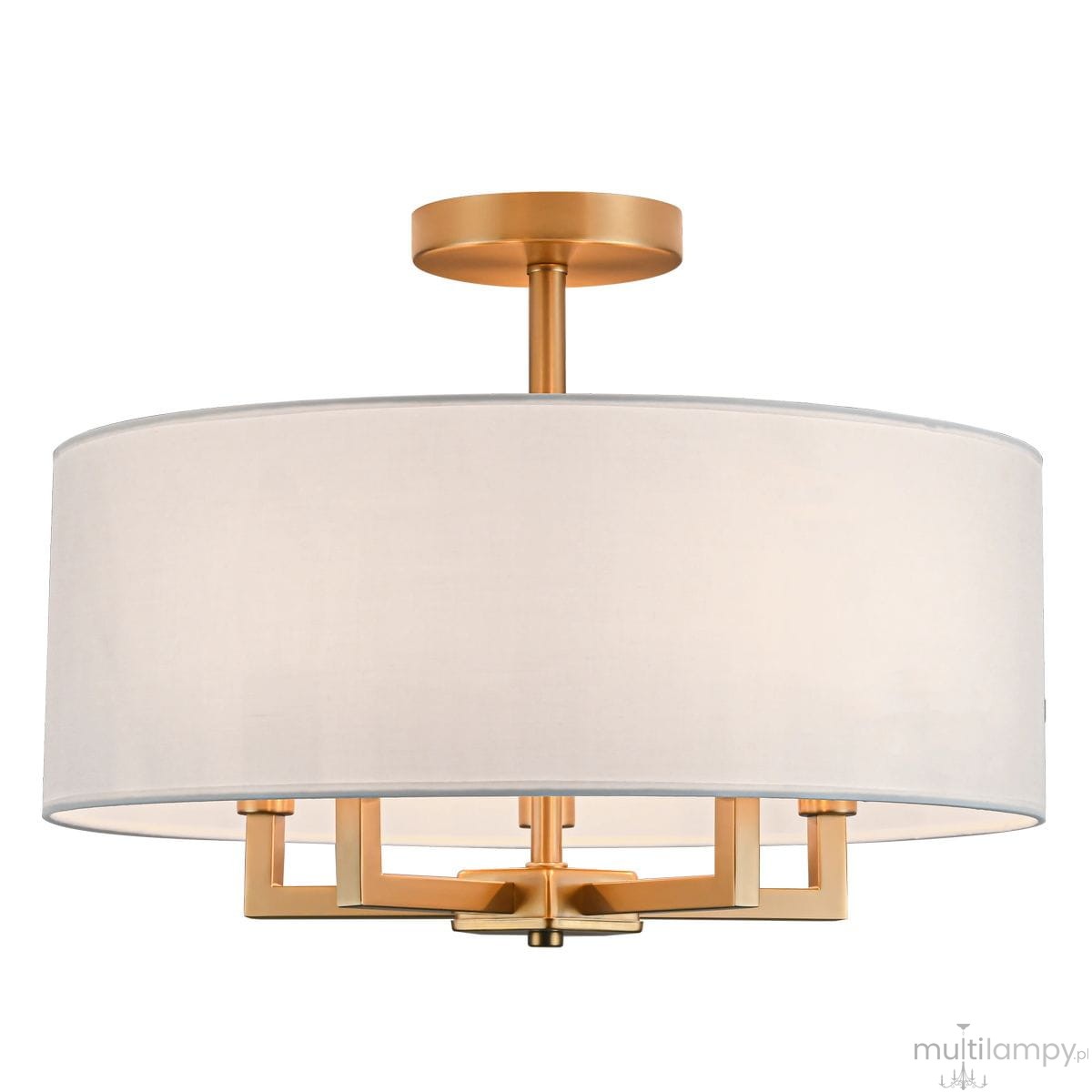 Lille lampa sufitowa z mosiądzu i białym abażurem, o okrągłym kształcie, zawieszona na cienkim stelażu. Widoczne pięć gniazd E14 oraz elegancka, minimalistyczna konstrukcja. Ujęcie z przodu, na jednolitym tle.