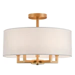 Lille lampa sufitowa z mosiądzu i białym abażurem, o okrągłym kształcie, zawieszona na cienkim stelażu. Widoczne pięć gniazd E14 oraz elegancka, minimalistyczna konstrukcja. Ujęcie z przodu, na jednolitym tle.