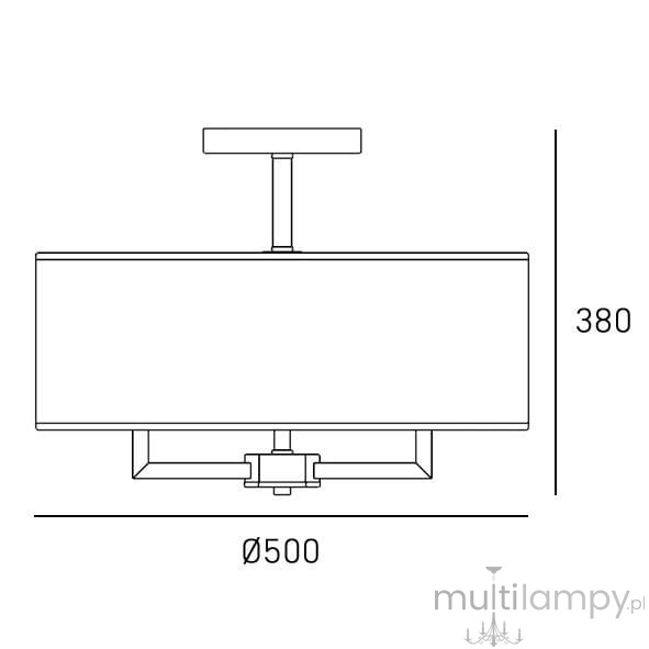 Lille lampa sufitowa mosiężna z białym kloszem, o średnicy 500 mm i wysokości 380 mm. Posiada pięć gniazd E14. Ujęcie frontalne, prezentujące prostokątną formę i minimalistyczny design.