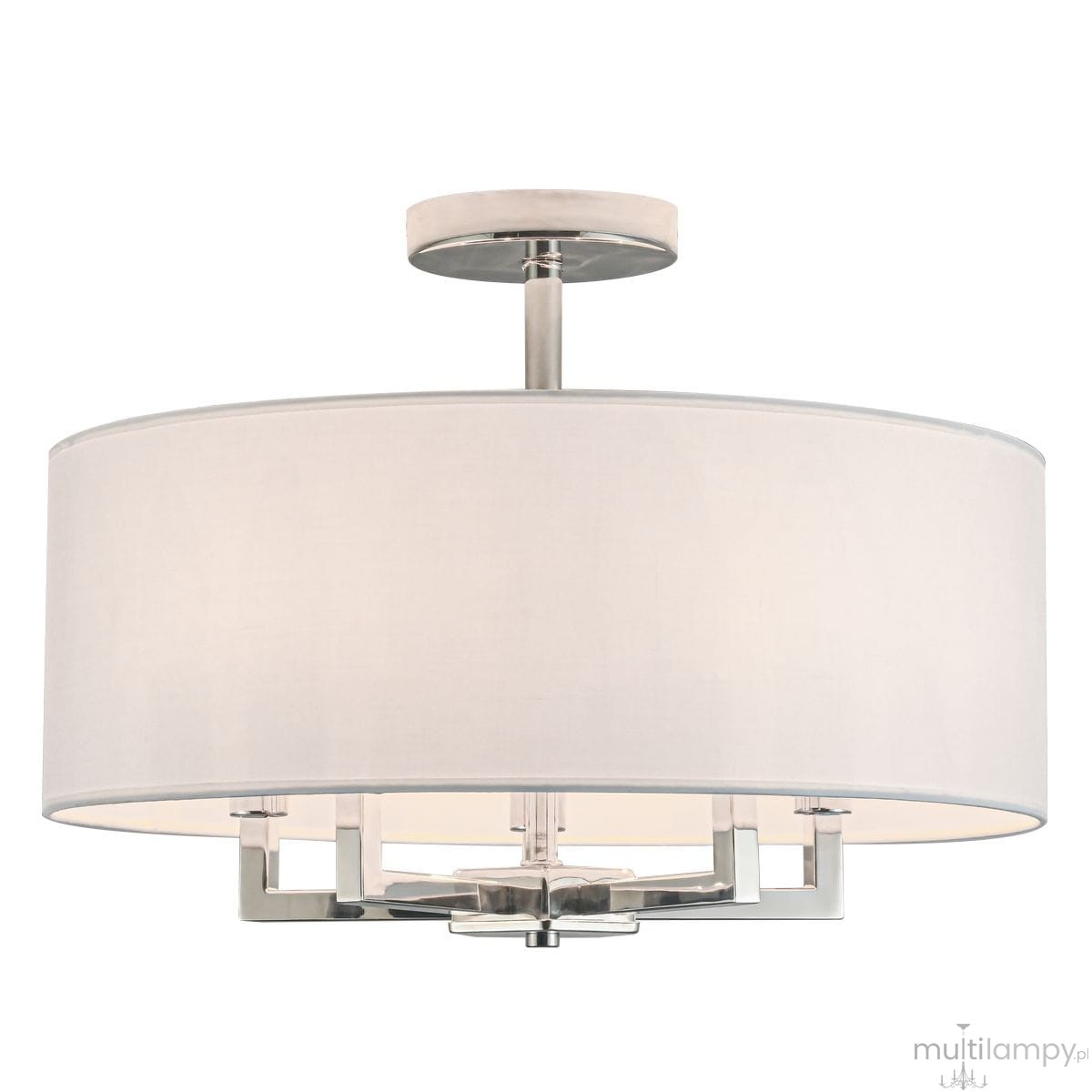 Lille lampa sufitowa 5xE14 w kolorze niklu i białym, z okrągłym abażurem z materiału, zawieszona na metalowym stelażu. Ujęcie frontalne, lampę można wykorzystać w nowoczesnych wnętrzach.
