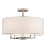 Lille lampa sufitowa 5xE14 w kolorze niklu i białym, z okrągłym abażurem z materiału, zawieszona na metalowym stelażu. Ujęcie frontalne, lampę można wykorzystać w nowoczesnych wnętrzach.