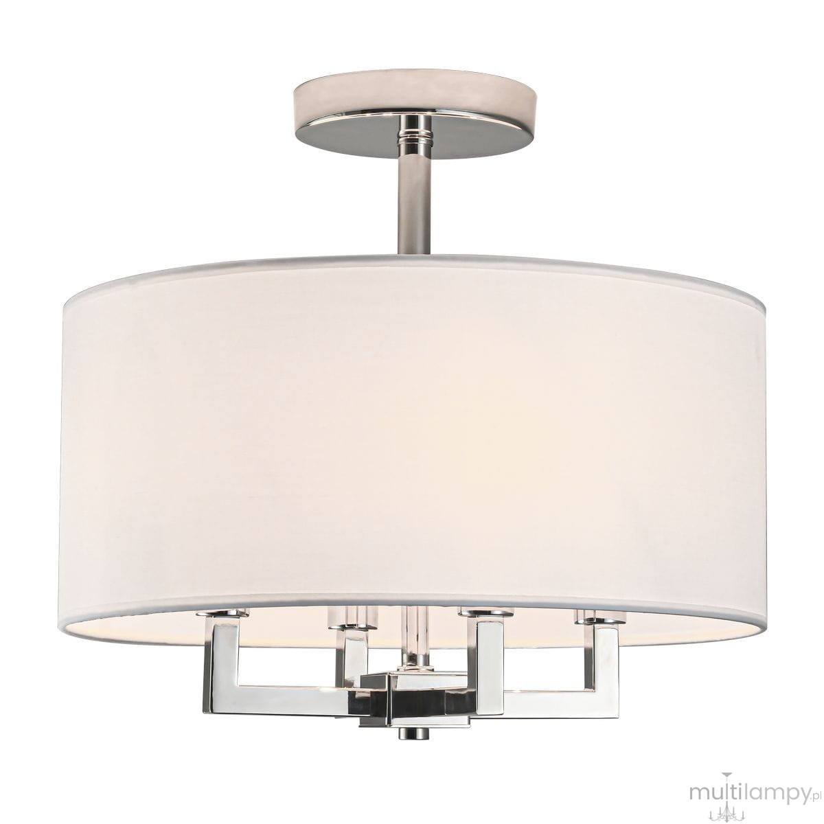 Lampa sufitowa Lille 4xE14 w kolorze niklowym i białym, z okrągłym abażurem z materiału. Ujęcie frontalne, lampa zawieszona na metalowym mocowaniu. Prosty, nowoczesny design z widoczną strukturą abażura.