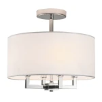 Lampa sufitowa Lille 4xE14 w kolorze niklowym i białym, z okrągłym abażurem z materiału. Ujęcie frontalne, lampa zawieszona na metalowym mocowaniu. Prosty, nowoczesny design z widoczną strukturą abażura.
