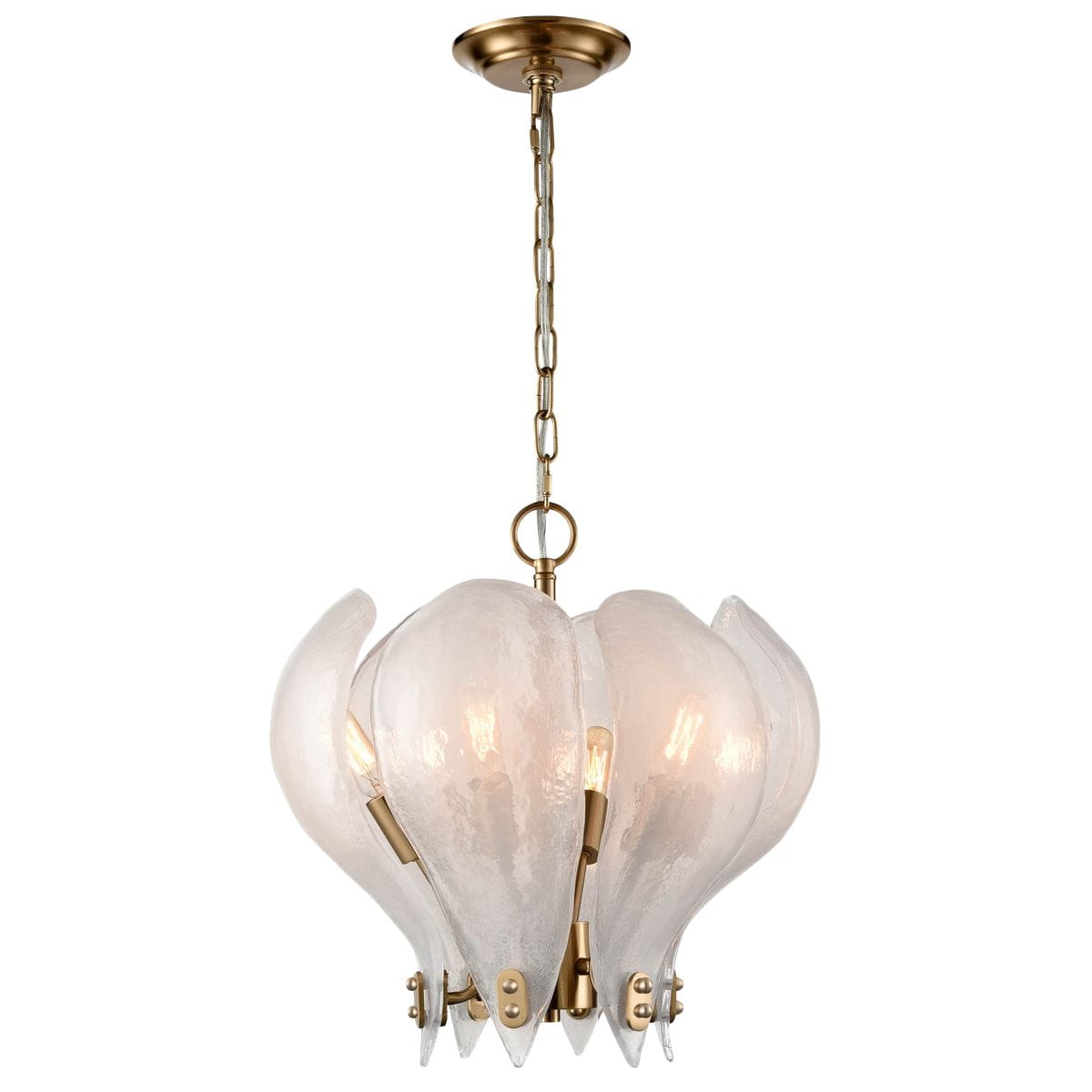 Lampa wisząca Cannes w kolorze mosiądzu z 6 miejscami na żarówki E14. Posiada szklany klosz w kształcie płatków, transparentny z delikatną teksturą. Zawieszona na łańcuchu, z okrągłym mocowaniem sufitowym.