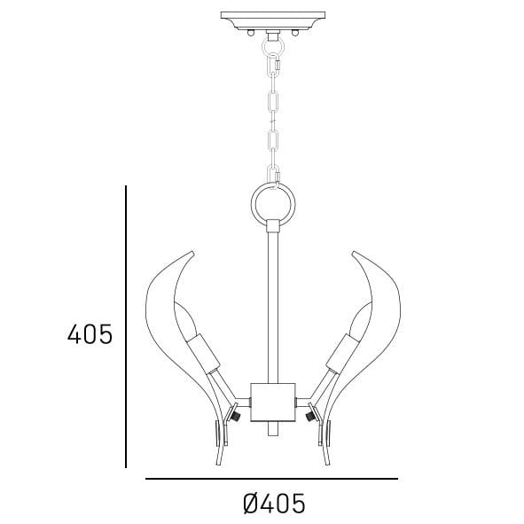 Lampa wisząca Cannes z mosiądzu, o średnicy 405 mm i wysokości 405 mm. Posiada sześć uchwytów na żarówki E14, z dekoracyjnymi, falistymi elementami. Zawieszona na łańcuchu, z okrągłym mocowaniem sufitowym.