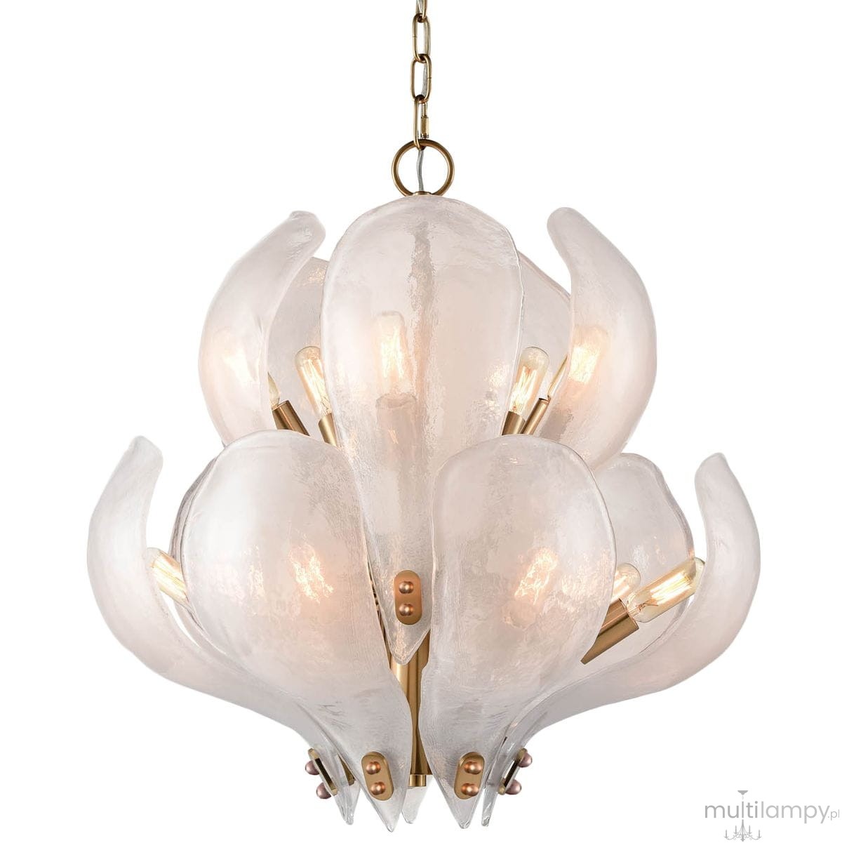 Lampa wisząca Cannes z 12 gniazdami E14, wykonana z mosiądzu i szkła, o kształcie przypominającym kwiat. Przezroczyste klosze z teksturą, złote detale oraz zawieszenie na łańcuchu. Stojąca w centralnym miejscu, idealna do eleganckiego wnętrza.