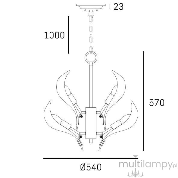 Lampa wisząca Cannes z 12 gniazdami E14 w kolorze mosiądzu. Okrągła podstawa z łańcuchem, 540 mm średnicy, wysokość 1000 mm. Zakończona stylowymi, zakrzywionymi ramionami.