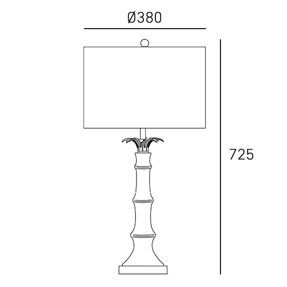 Lampa stołowa Loboc z białym abażurem i mosiężnym trzonem, o wysokości 725 mm i średnicy 380 mm. Kształt trzonu z delikatnymi zdobieniami, prostokątny abażur na górze. Idealna do aranżacji wnętrz.