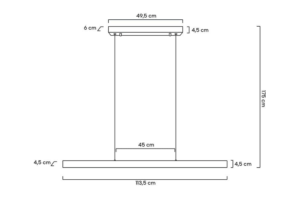 Czarna lampa wisząca Liner z jednym źródłem LED o mocy 32W. Wymiary: wysokość 175 cm, szerokość podstawy 113,5 cm, szerokość górnej części 49,5 cm, grubość 4,5 cm. Prosty, nowoczesny design, idealna do różnych wnętrz.