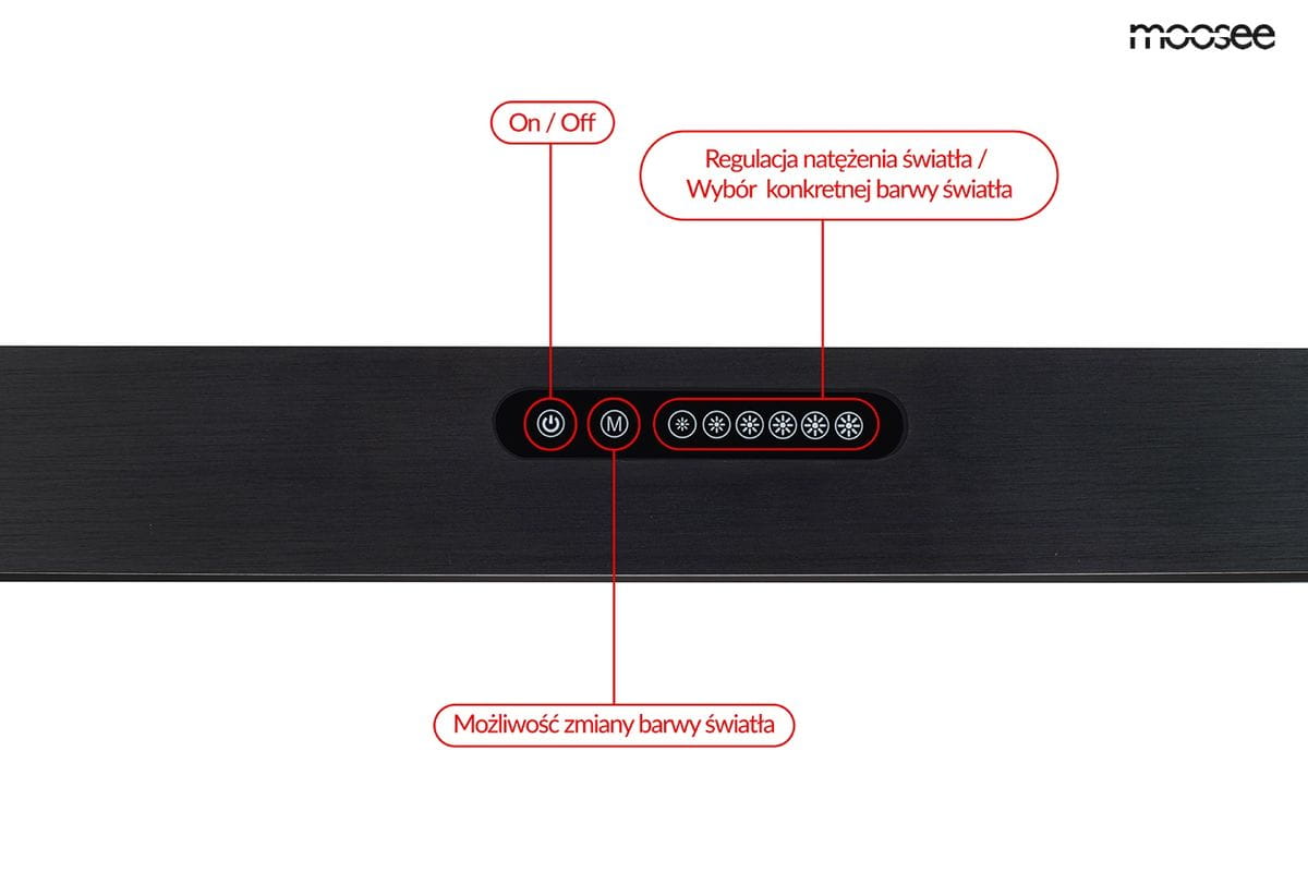 Lampa wisząca Liner w kolorze czarnym z jednym źródłem światła LED 32W. Na panelu sterującym widoczne przyciski do włączania, regulacji natężenia oraz wyboru barwy światła. Prosty, nowoczesny design, montowana pod sufitem.