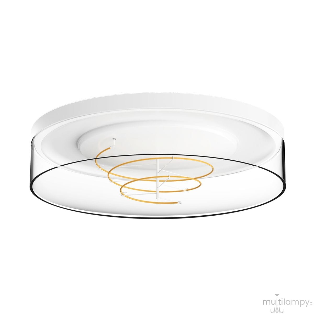 Plafon Nolan 1xLED/17W w białej obudowie, z przezroczystym kloszem. Wewnątrz widoczne złote spirale LED. Ujęcie z góry, produkt zamontowany na suficie, minimalistyczny design. Tło białe, co podkreśla jego nowoczesny wygląd.