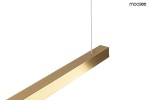 Lampa wisząca Linus 80 w kolorze złotym, wykonana z metalu, w kształcie prostokątnej belki. Zawieszona na cienkim, przezroczystym przewodzie. Widoczne wykończenie w matowym, teksturowanym stylu. Idealna do nowoczesnych wnętrz.