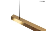 Lampa wisząca Linus 80 w kolorze złotym, wykonana z metalu, o prostokątnym kształcie. Ujęcie z boku pokazuje gładką, błyszczącą powierzchnię oraz cienki, czarny przewód. Wymiary i szczegóły konstrukcji nie są widoczne. Tło białe.