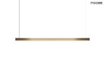 Lampa wisząca Linus 80 w kolorze złotym, wykonana z metalu, o prostokątnym kształcie. Widok frontalny, zawieszona na cienkich linkach. Emituje światło z jednego źródła LED o mocy 15W. Tło jasne, jednolite.