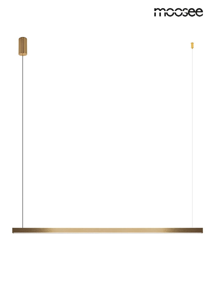 Lampa wisząca Linus 100 w kolorze złotym, wykonana z metalu, z jedną diodą LED o mocy 17W. Ujęcie frontalne, lampa zawieszona na cienkim przewodzie, minimalistyczny design, prostokątny kształt.
