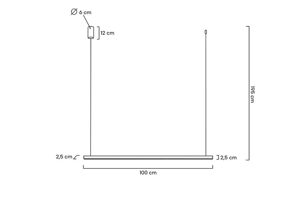 Lampa wisząca Linus 100 w kolorze złotym, z pojedynczym źródłem światła LED o mocy 17W. Wymiary: długość 100 cm, szerokość 2,5 cm, wysokość całkowita 195 cm, średnica mocowania 6 cm, wysokość mocowania 12 cm.
