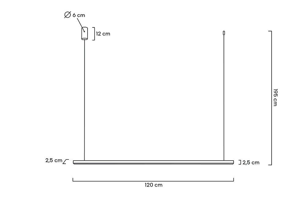 Lampa wisząca Linus 120 w kolorze złotym, z wymiarami 120 cm długości i 2,5 cm szerokości. Część zawieszenia o średnicy 6 cm i wysokości 12 cm. Źródło światła LED o mocy 20W. Prosta, minimalistyczna forma, zawieszona na cienkim kablu.