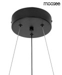 Czarna lampa wisząca Serpiente z pojedynczym źródłem LED 35W. Widok z dołu na okrągły, matowy uchwyt sufitowy z trzema przewodami, które prowadzą do lampy. Logo producenta moosee w górnym rogu.