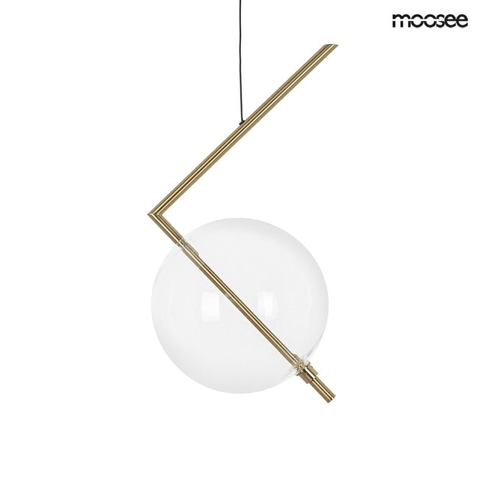 Lampa wisząca Echo w kolorze złotym z przezroczystą kulą, zawieszona na cienkim przewodzie. Posiada unikalny, zygzakowaty kształt metalowego ramienia. Wymiary i detale konstrukcji podkreślają nowoczesny design. Idealna do aranżacji wnętrz.