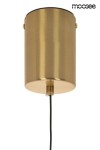 Lampa wisząca Echo w kolorze złotym, wykonana z metalu, o cylindrycznym kształcie. Widoczny czarny kabel i górny element mocujący. Zainstalowane źródło światła LED o mocy 3W. Ujęcie z dołu, skupione na detalach konstrukcji.